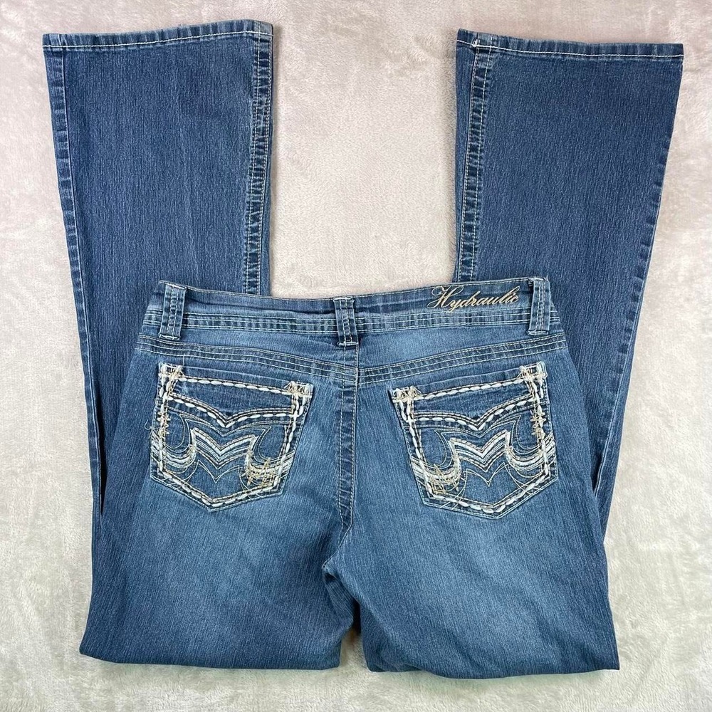 Y2k Low Rise‎ Flared Distressed Hydraulic Blue Jeans Size 32x31